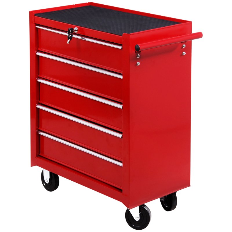 HOMCOM 5 Drawer Tool Box, Lockable Steel Tool Chest on Wheels, Rolling Chest Cabinet with 5 Drawers and Handle for Workshop, Garage, Red