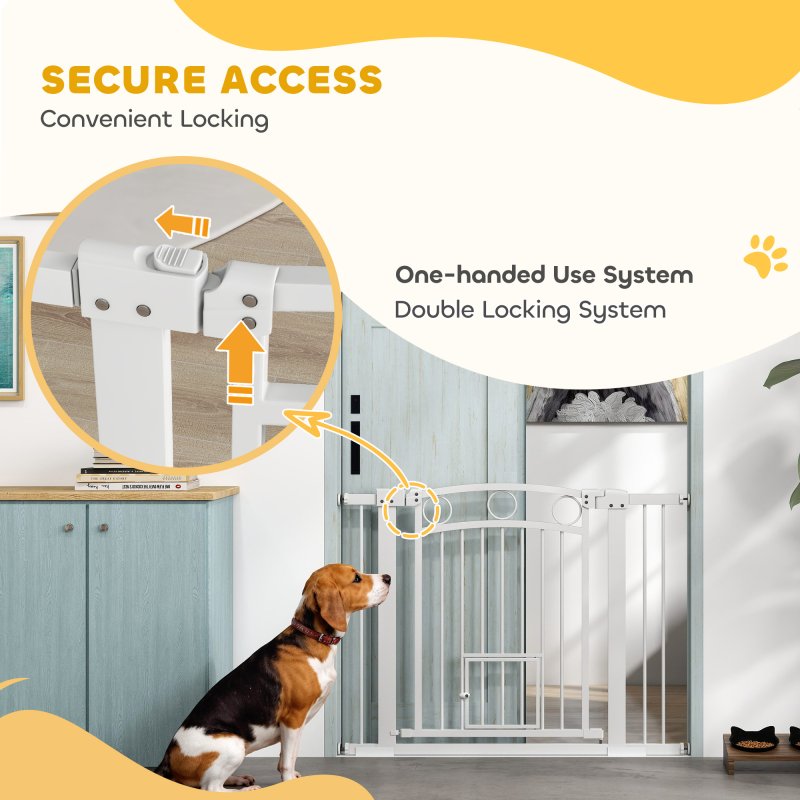 PawHut Stair Gate, 77cm Extra Tall Dog Gate with Adjustable Width, 76-104cm Pressure Fit Safety Gate with Cat Door, 7cm and 14cm Extensions, for Stairs, Doorways, Easy Installation, White