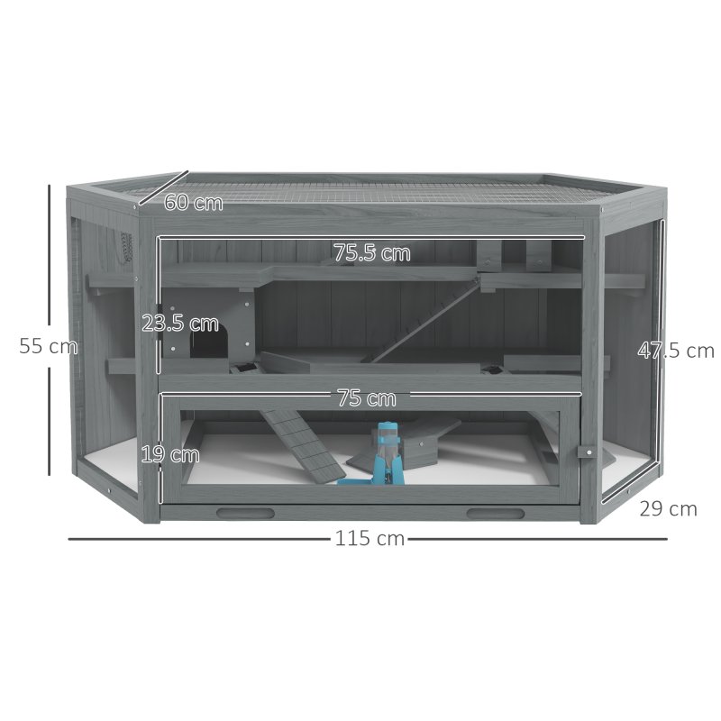 PawHut Wooden Large Hamster Cage Small Animal Exercise Play House 3 Tier with Sliding Tray, Seesaws, Water Bottle, Grey