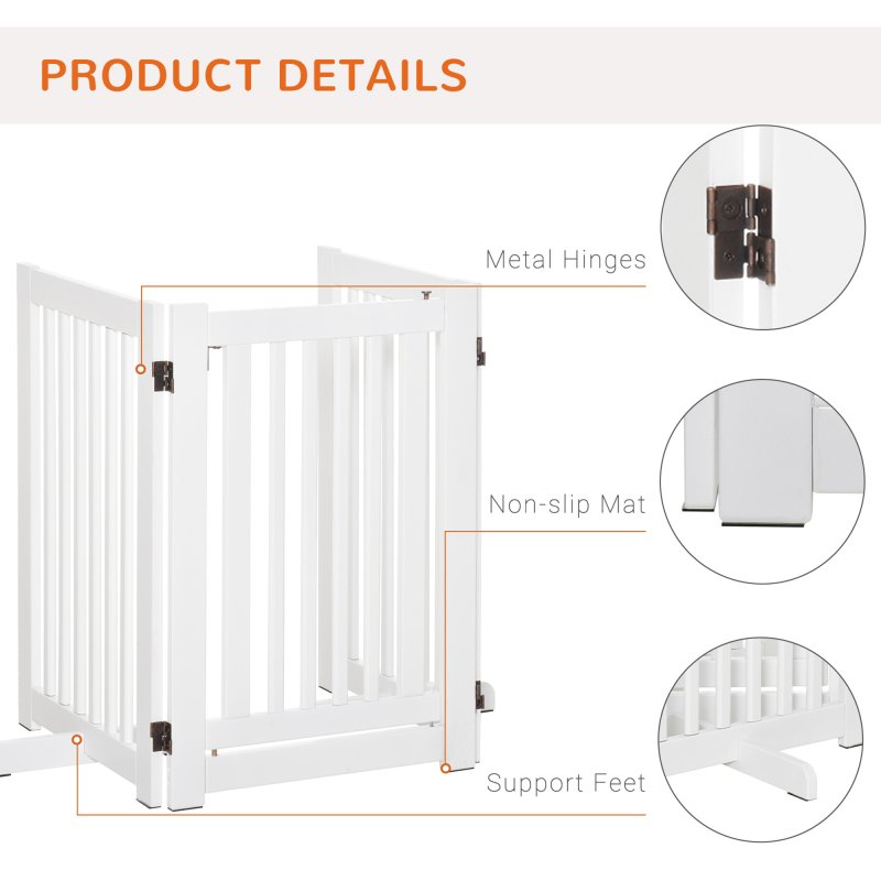 PawHut Freestanding Dog Gate, Foldable Pet Fence, Indoor Barrier, Stair Gate with Support Feet, 155 x 76 cm, White