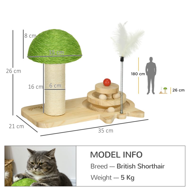 PawHut 26cm Cat Scratching Post, Mushroom-Shaped Cat Post with Toy Balls, Feather, Sisal Scratch Post for Indoor Cats - Natural tone and green