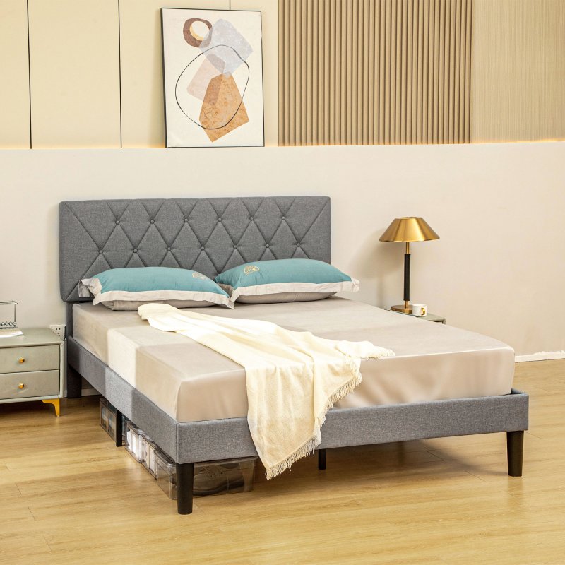 HOMCOM King Size Bed Frame with 5-Level Adjustable Linen Upholstered Headboard, Wooden Slats Mattress Foundation, No Box Spring Needed, Grey