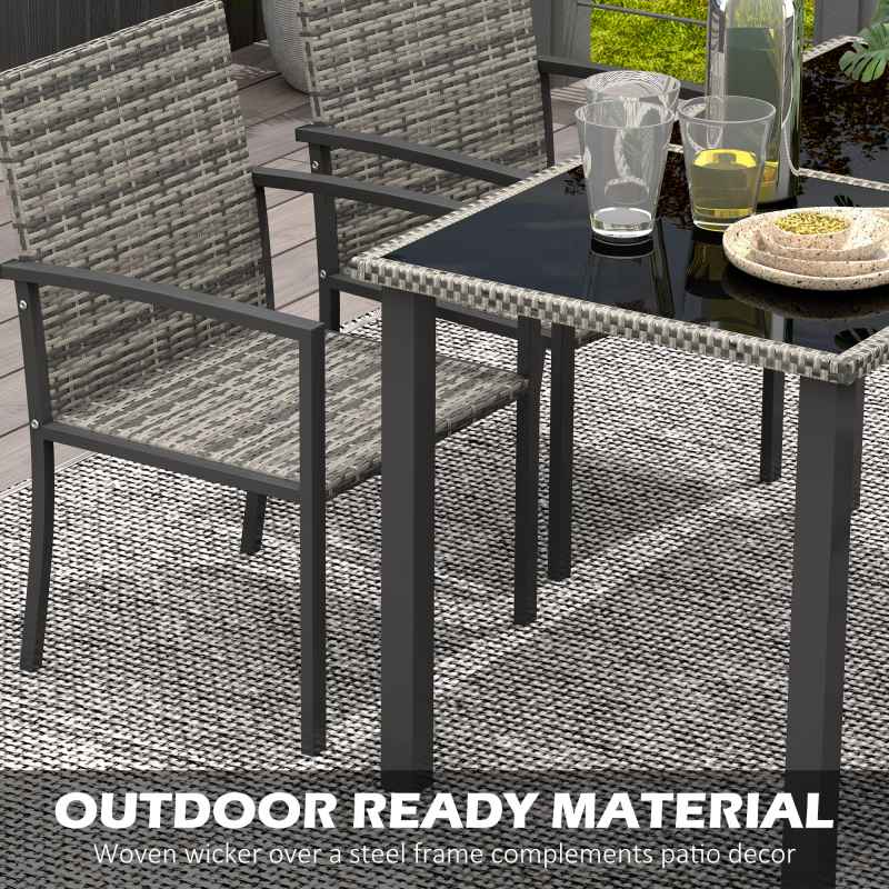 Outsunny 4 Seater Rattan Dining Set with Rectangular Glass Top Table and 4 Armchairs, PE Rattan Garden Furniture Set, Outdoor Dining Table and Chairs for Patio, Balcony, Lawn, Mixed Grey
