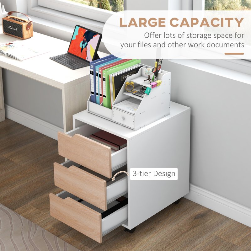 HOMCOM 3 Drawer Mobile File Cabinet, Vertical Filing Cabinet with Wheels for Home Office