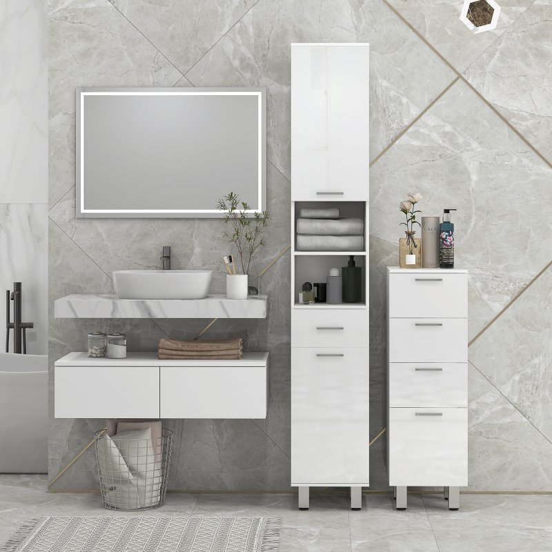 kleankin 71" Tall Slim Bathroom Storage Cabinet, Tall Narrow Cupboard with Drawer, Open Shelves, 2 Doors Cabinets and Adjustable Shelves for Kitchen, Hallway, Living Room, High Gloss White