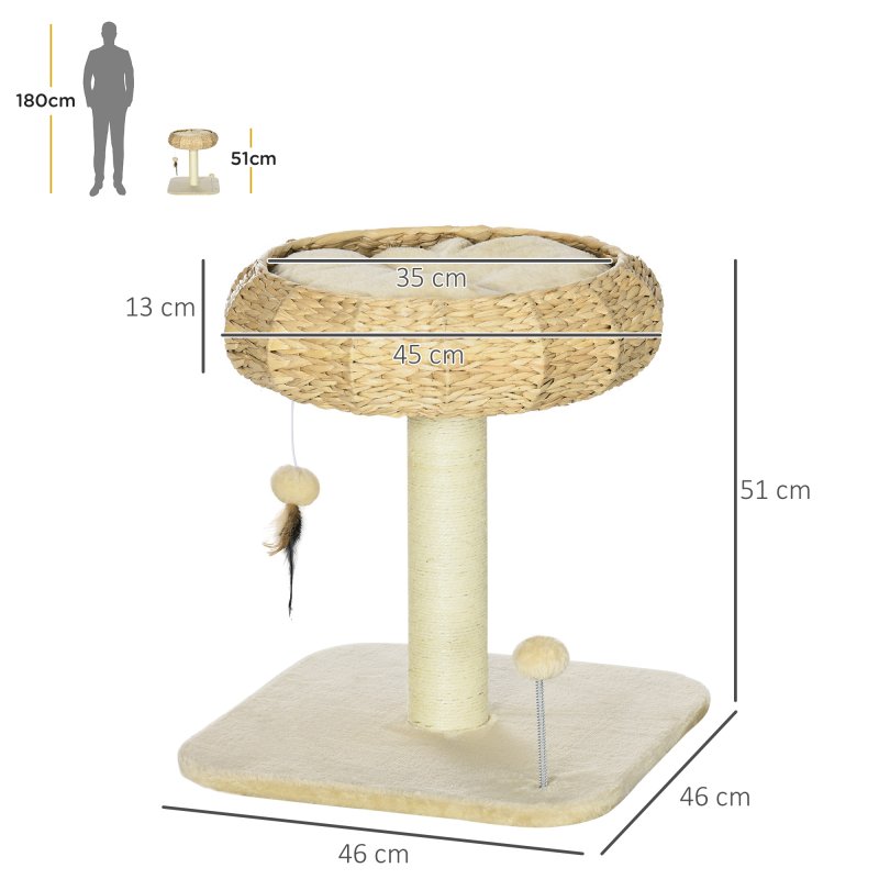 PawHut 51cm Cat Tree, Kitty Activity Center, Cat Climbing Toy, Cat Tower w/ Cattail Bed, Toy Ball, Scratching Post - Beige