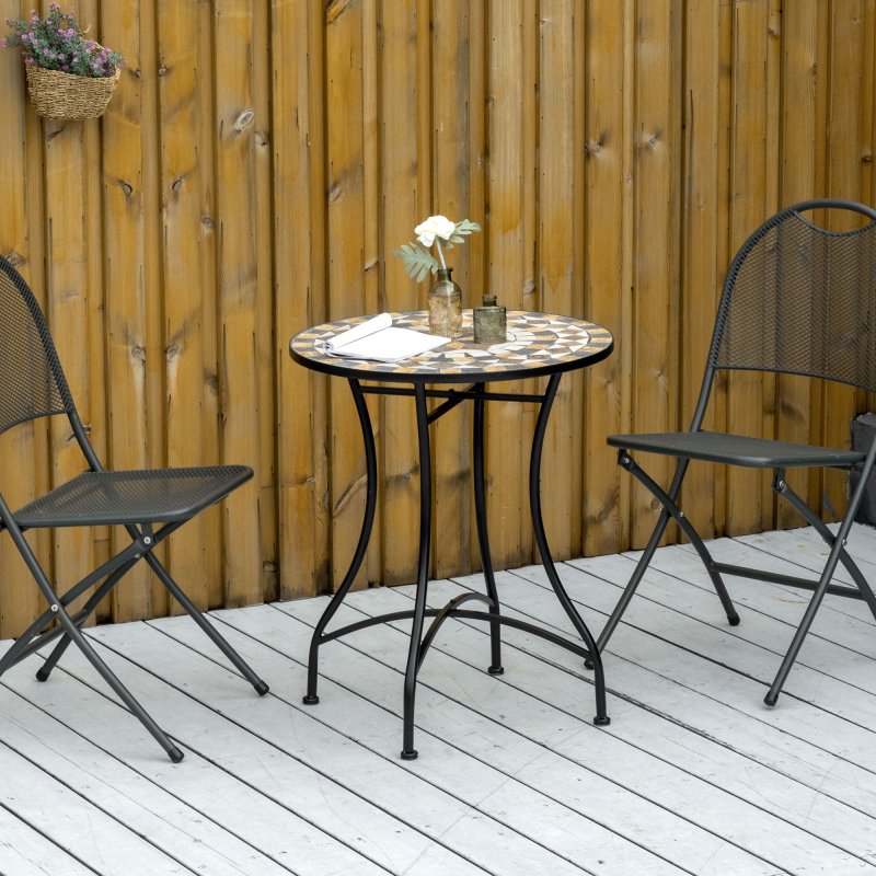 Outsunny 60 cm Mosaic Garden Table, Small Round Outdoor Side Table with Ceramic Top, Plant Stand for Patio, Balcony, Grey and Beige