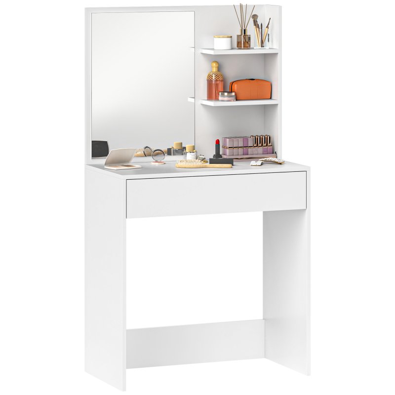 HOMCOM Dressing Table with Mirror, Modern Vanity Desk with Drawer and 3 Open Shelves, Makeup Desk for Bedroom, White