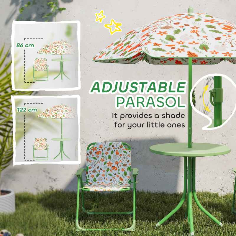 AIYAPLAY Children Table and Chair Set with Adjustable Parasol, 2 Folding Chairs, Picnic Table, Fox Pattern Outdoor Patio Set, for Ages 2-5 Years, Green