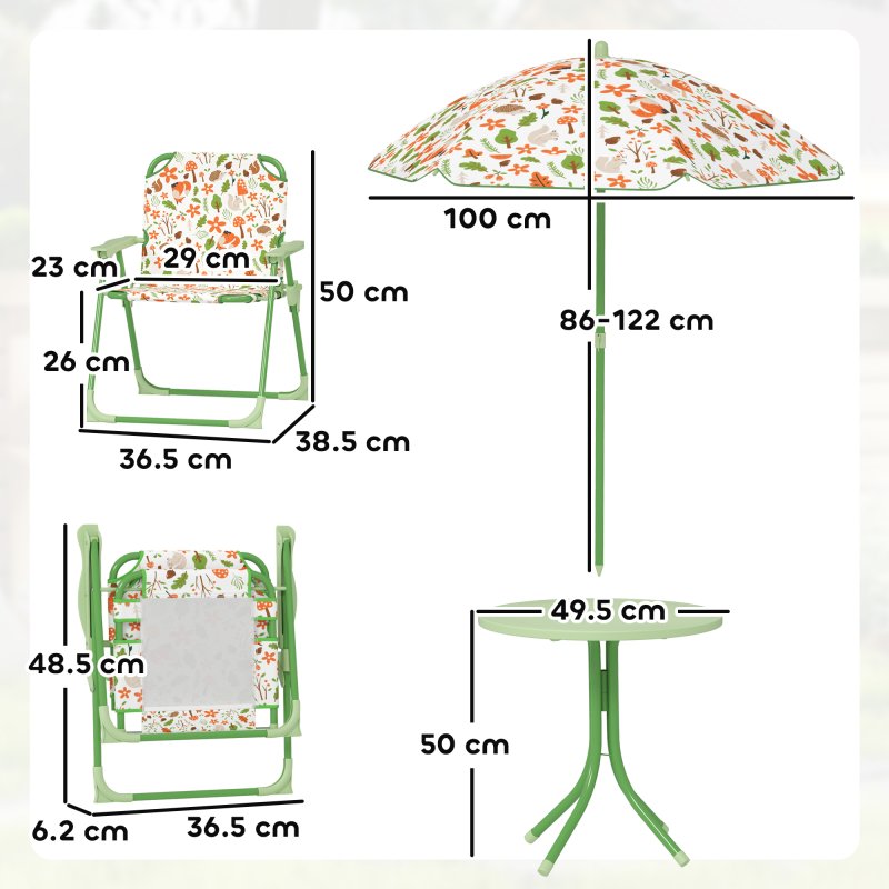AIYAPLAY Children Table and Chair Set with Adjustable Parasol, 2 Folding Chairs, Picnic Table, Fox Pattern Outdoor Patio Set, for Ages 2-5 Years, Green