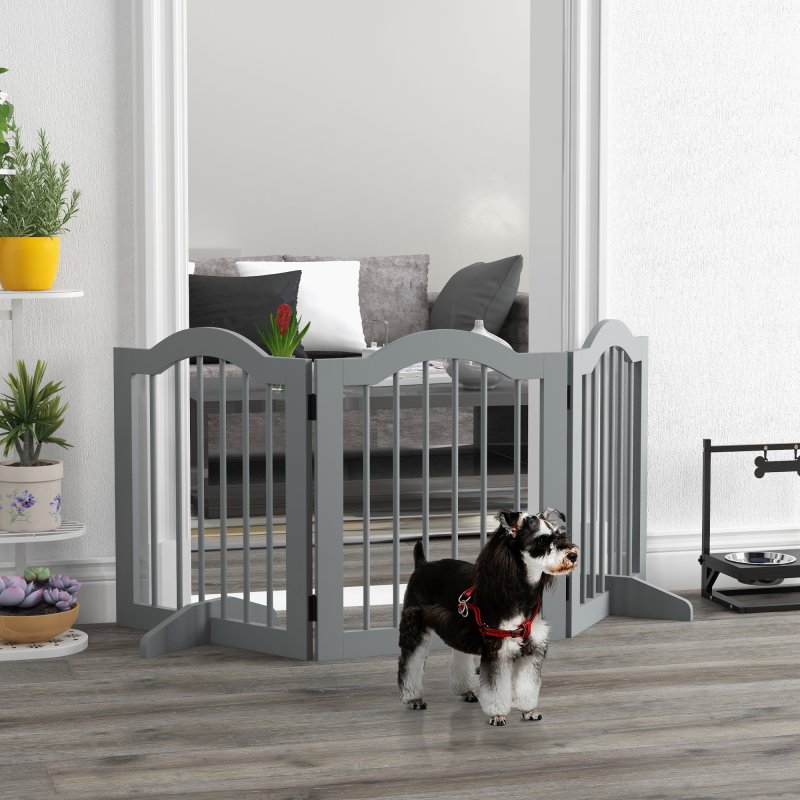 PawHut Freestanding Pet Gate Wooden Dog Gate with Support Feet Foldable Pet Fence Safety Barrier for the House Doorway Stairs Light Grey