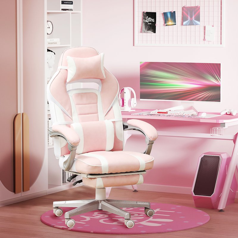 HOMCOM Gaming Chair with Footrest, PU Leather Computer Chair, Swivel Game Chair with 150 Reclining Back and Lumbar Support for Adults, Pink