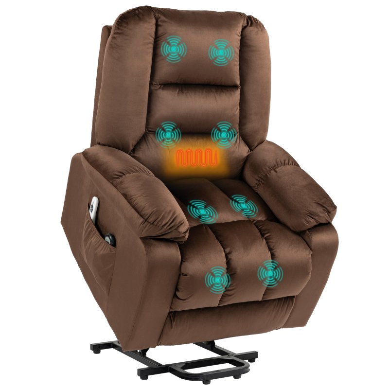 HOMCOM Velvet Riser and Recliner Chair for the Elderly, Quick Assembly, Fabric Overstuffed Lift Chair with Vibration Massage and Heat, Remote Control, Side Pockets, Dark Brown