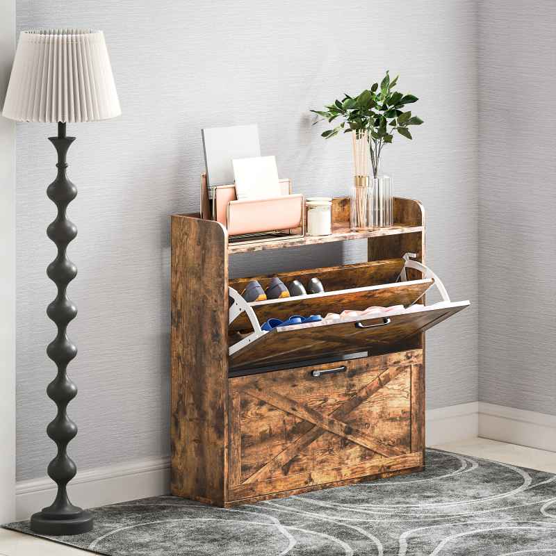 HOMCOM 2 Drawer Narrow Shoe Cabinet, Farmhouse Slim Shoe Storage Cabinet Cupboard with Adjustable Shelves and Barn Door Design for Entryway, Hallway, Rustic Brown