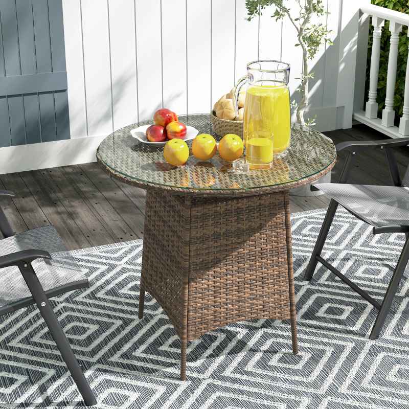 Outsunny Wicker Garden Rattan Table, Patio Furniture Outdoor Coffee Table with Umbrella Hole and Tempered Glass Top, Brown