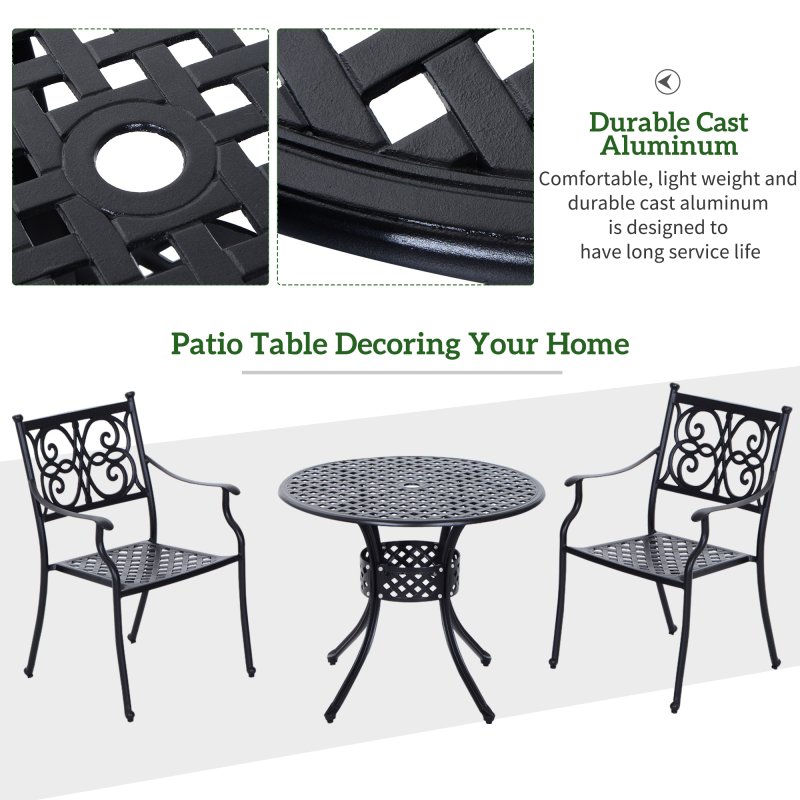 Outsunny 85cm Round Garden Dining Table with 46.5mm Dia. Umbrella Hole, Cast Aluminium Outdoor Dining Table, Grid Motif Outdoor Table for Garden, Patio, Porch, Black