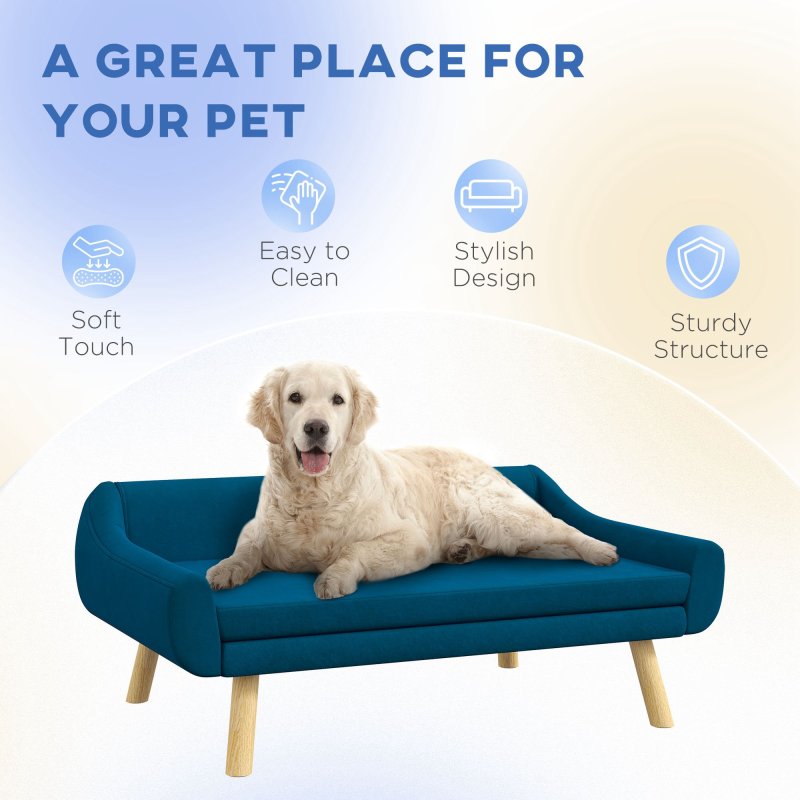 PawHut Dog Sofa Bed with Soft Cushion, Pet Couch with Wooden Frame, Removable and Washable Cover, for Medium and Large Dogs, Blue