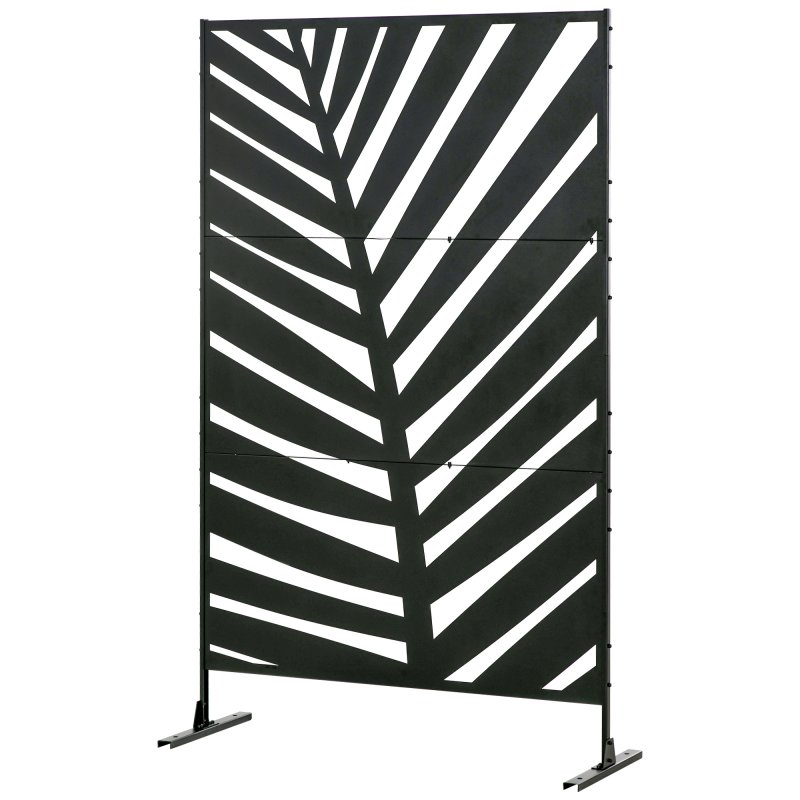 Outsunny Decorative Garden Privacy Screen with Stand, 6.5FT Freestanding Metal Outdoor Divider, Decorative Privacy Panel with Expansion Screws for Garden Pool Hot Tub, Banana Leaf Style, Black