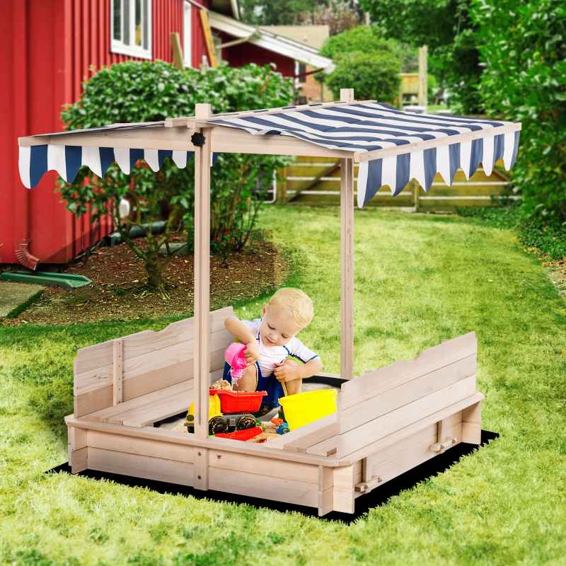 Outsunny Kids Wooden Sand Pit with Lids, Children Sandbox Height Adjustable Canopy for Garden, Convertible Bench Outdoor Garden Playset, Blue and White Canopy