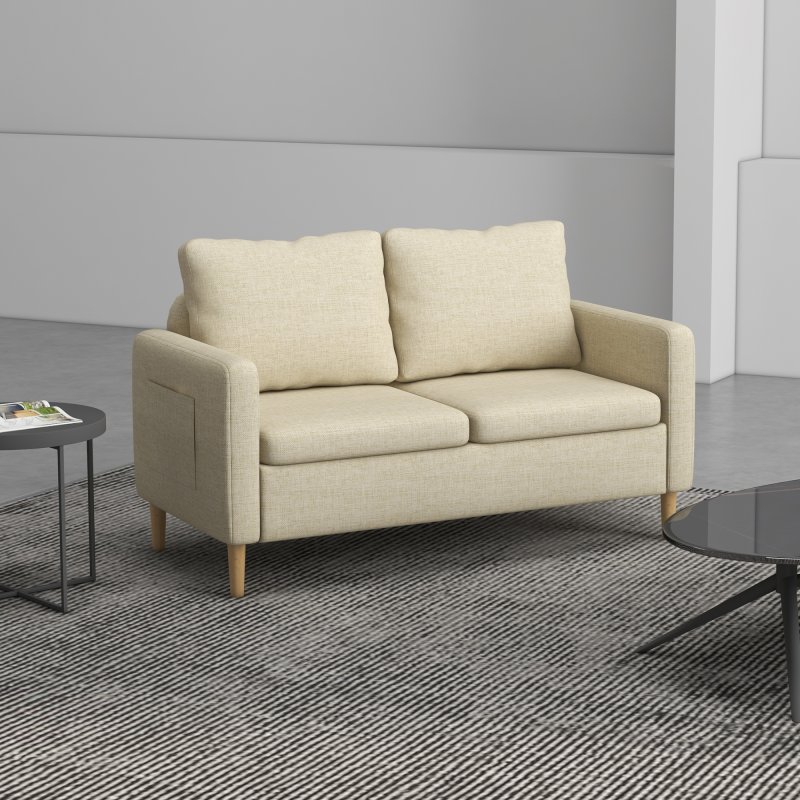 HOMCOM Two Seater Sofa for Living Room, Modern Fabric Couch with Wood Legs and 2 Pockets for Bedroom and Home Office