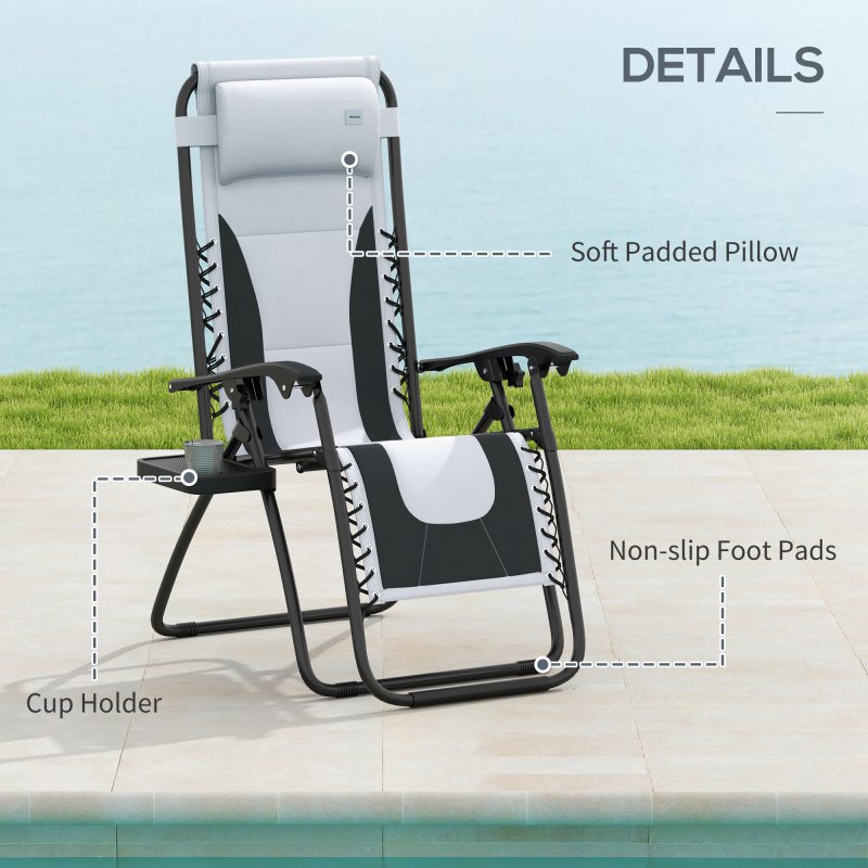 Outsunny Zero Gravity Lounger Chair Set of 2, Folding Reclining Patio Chair with Padded Seat, Cup Holder, Soft Cushion and Headrest for Poolside, Camping, Grey