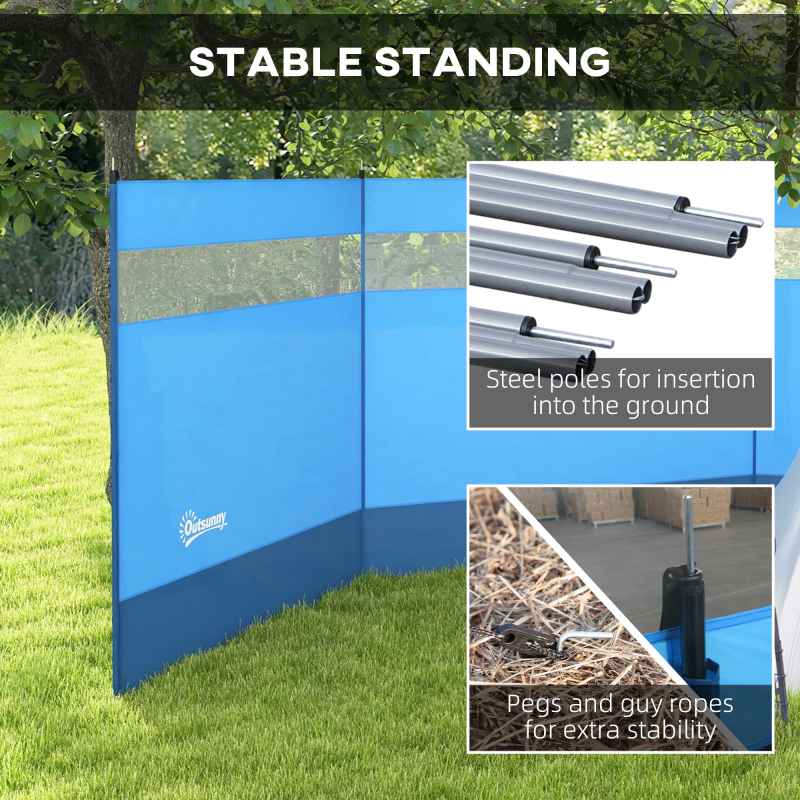 Outsunny Camping Windbreak, 4 Pole Windbreaker Blocker with Clear Windows, Carry Bag and Steel Poles, for Beach Caravan Campervan, 440 x 140cm, Blue