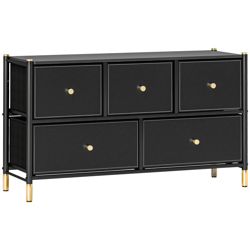 HOMCOM Chest of Drawers, 5 Drawer Fabric Dresser with PU Leather Surface, Steel Frame, Storage Organizer Unit for Bedroom, Living Room, Hallway, Closet, Easy to Assemble, Black