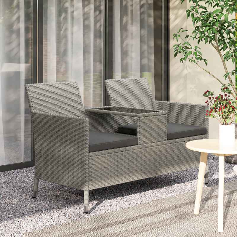 Outsunny 2 Seater Rattan Sofa with Cushions, Wicker Garden Loveseat with Armrests, Outdoor Garden Sofa Couch with Metal Frame for Patio, Grey