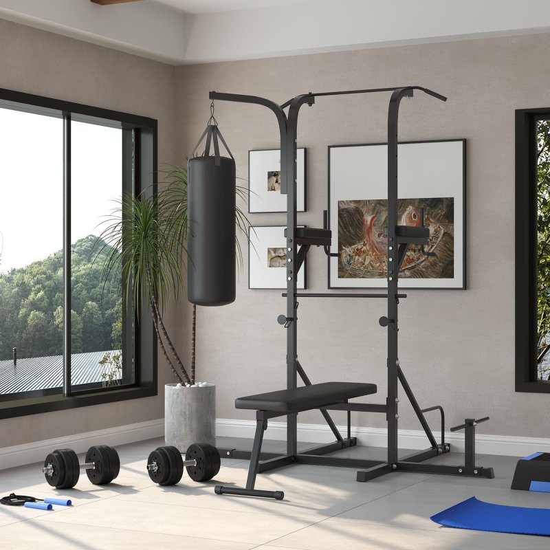 HOMCOM Home Gym Power Tower with Bench and Punching Bag, Multi-Function Adjustable Dip Sit Up Workout Station Equipment Heavy Duty for Home