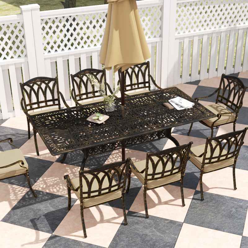 Outsunny 9 Pieces Cast Aluminium Garden Dining Set, 8 Seater Garden Table and Chairs with Parasol Hole, Outdoor Garden Furniture Set with Cushions for Patio, Bronze Tone