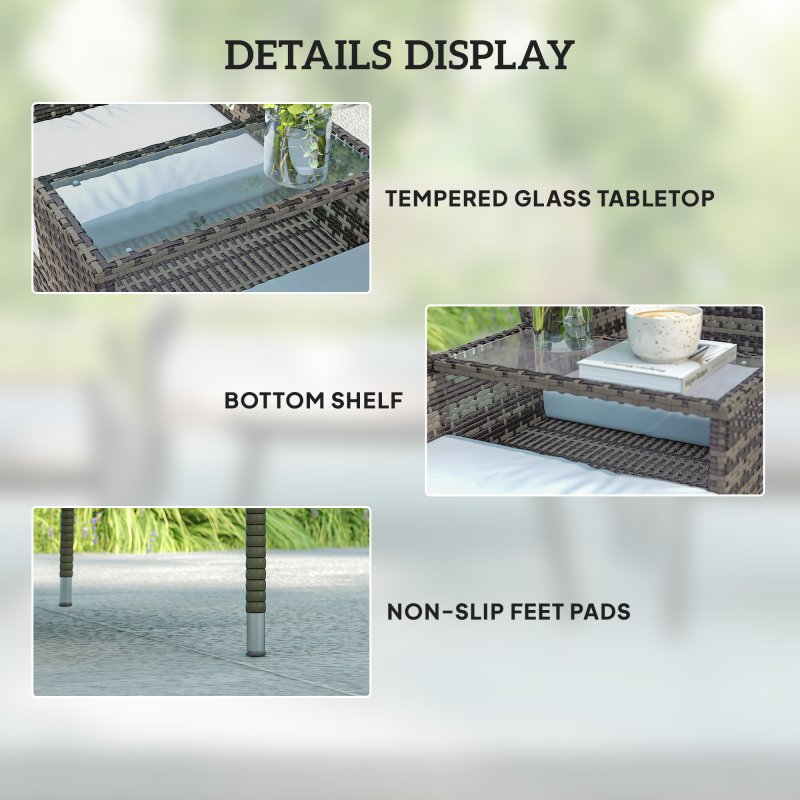 Outsunny 2 Seat Rattan Garden Bench, Patio Wicker Chair with Glass Tea Table, Outdoor Love Seat with Padded Cushions, for Garden, Porch, Charcoal Grey/Grey