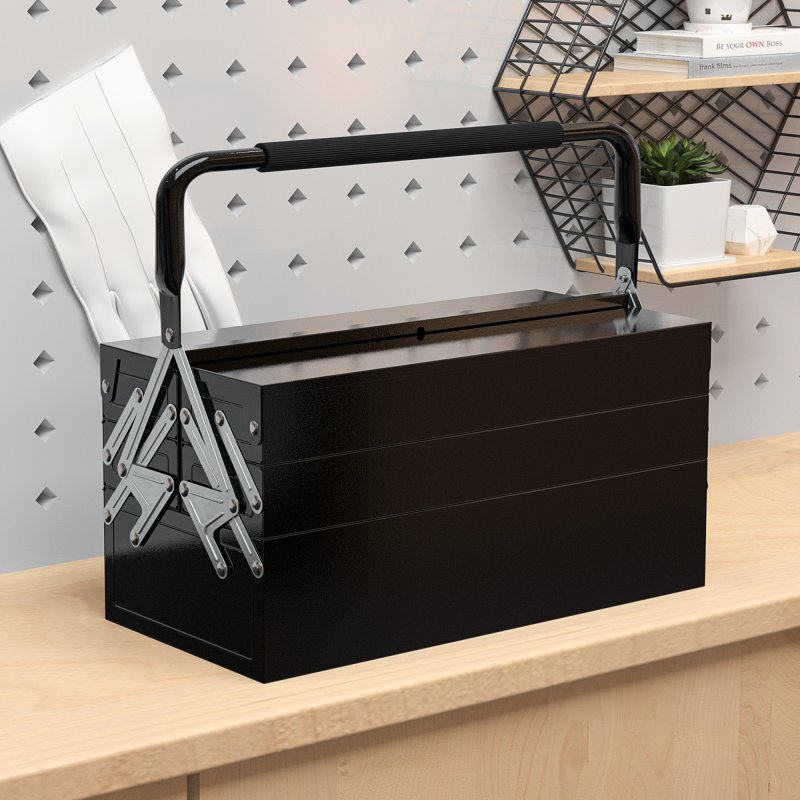 DURHAND Metal Tool Box 3 Tier 5 Tray Professional Portable Storage Cabinet Workshop Cantilever Toolbox with Carry Handle, 45cmx20cmx34.5cm, Black