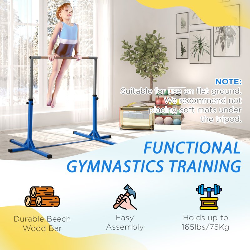 HOMCOM Height Adjustable Gymnastics Horizontal Bar For Kids Home Gym Training Children Junior Kip High Bar Fitness, Blue