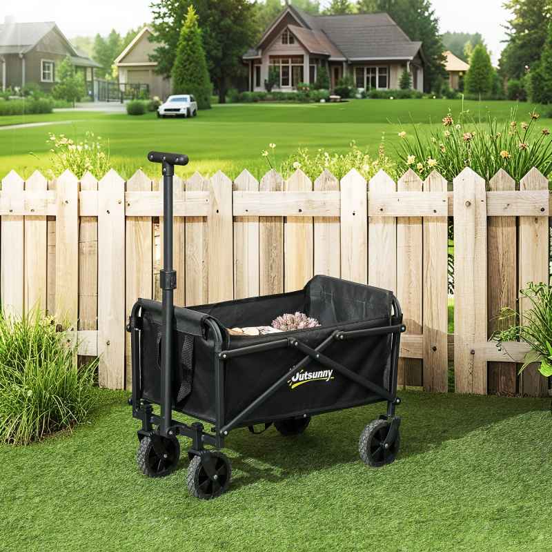 Outsunny 41L Festival Trolley on Wheels, Small Garden Folding Trolley Cart, 60kg Heavy Duty Collapsible Folding Wagon with Adjustable Handle and Carrying Bag for Beach, Camping, Festival, Black