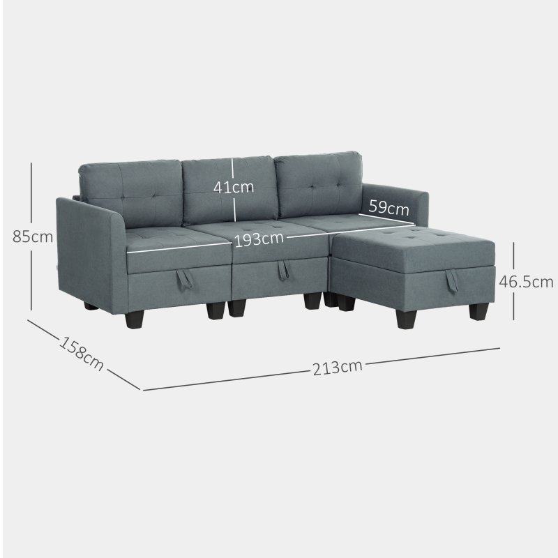 HOMCOM Convertible Modular Sectional Sofa with Storage, Tufted 3 Seater Sofa Set, L Shaped Couch with Ottoman, Wood Frame for Living Room, Dark Grey