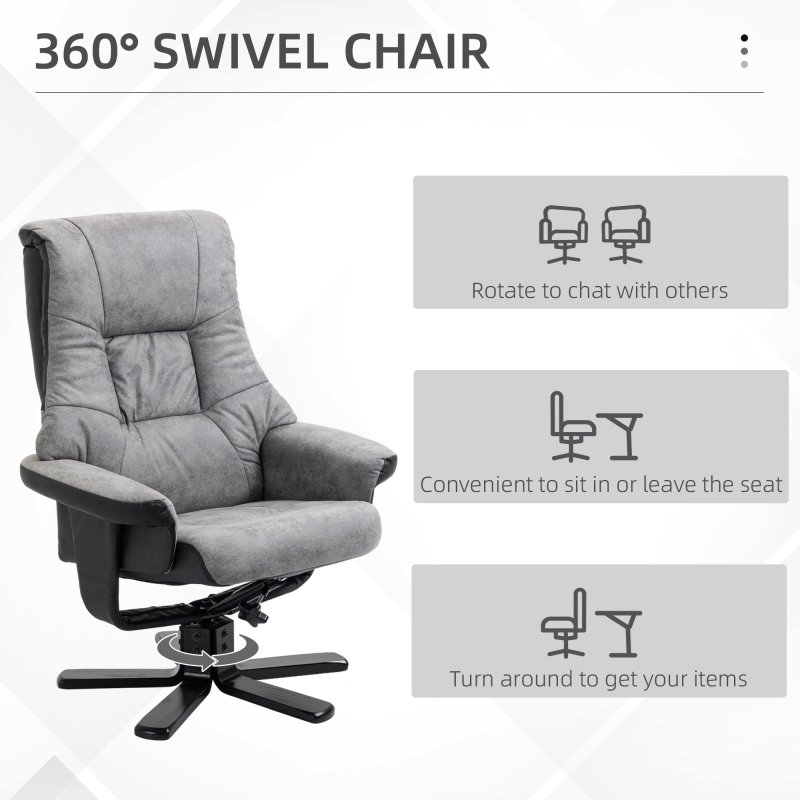 HOMCOM Recliner Chair With Footstool, Swivel Lounge Armchair, 135° Reclining Chair With Soft Padded Seat and Armrest For Living Room, Bedroom, Grey