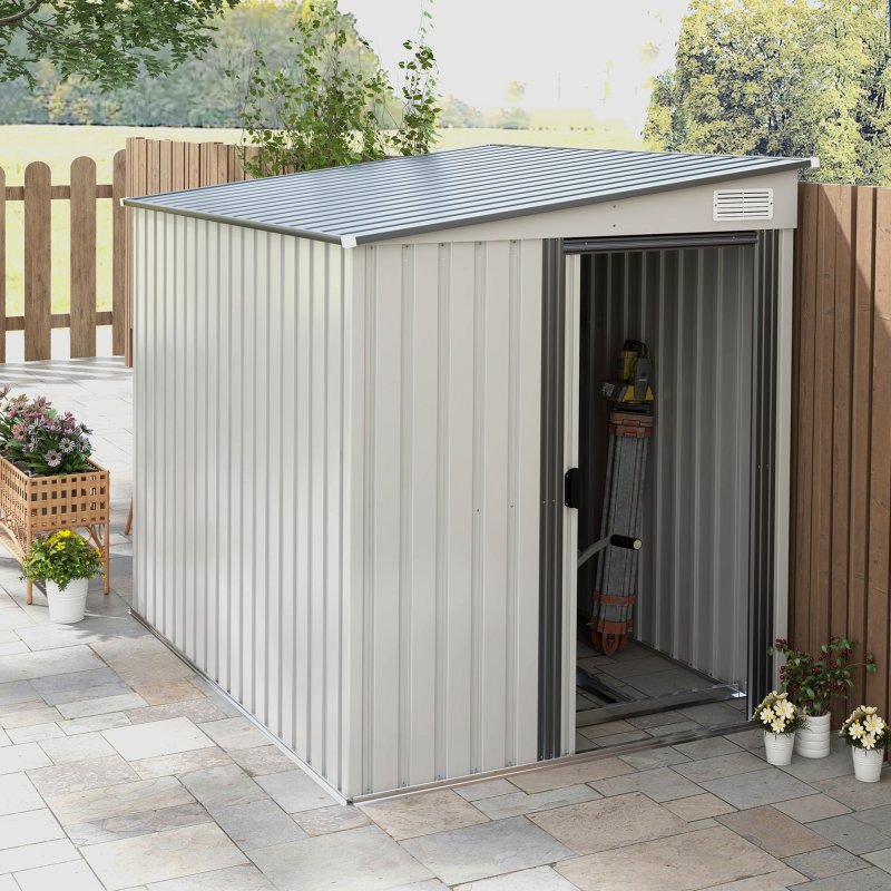 Outsunny 7 x 5FT Galvanised Metal Garden Shed with Foundation, Lean to Shed, Tool Storage House with Sliding Doors, 2 Vents, Adjustable Shelves and Hooks, White