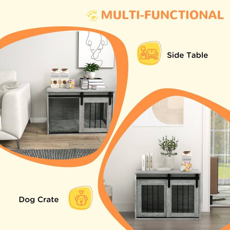 PawHut Dog Crate Furniture, Dog House Furniture Style for Medium Breeds, Pet Kennel with Removable Cushion for Indoor Use, 80 x 54 x 57cm, Grey