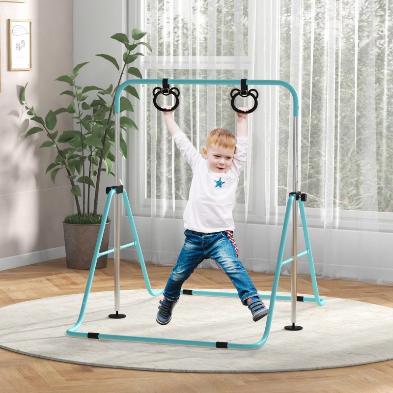 HOMCOM Kids Gymnastics Bar, Horizontal Bar for Kids, Adjustable Height Folding Gymnastics Equipment with Gymnastic Rings, Non-slip Rubber Floor Rings, for Home, Flat, Green