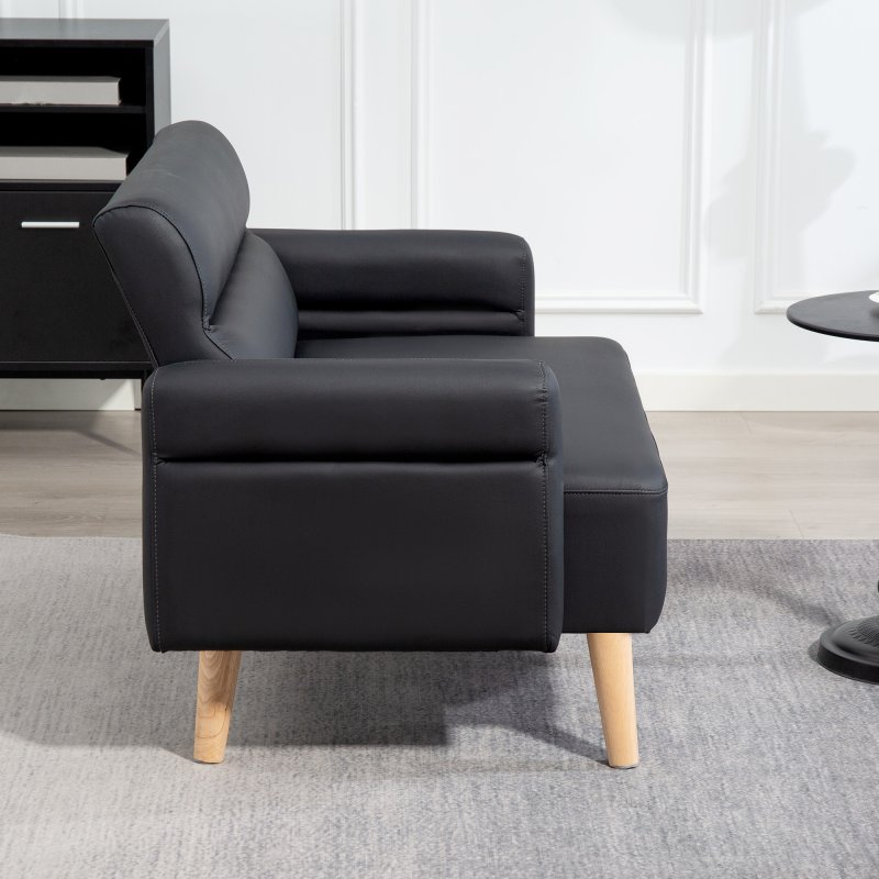 HOMCOM 2 Seater Sofa, Modern Faux Leather Couch Settee, Upholstered Small Sofa Loveseat with Wood Legs, Side Pocket for Living Room, Bedroom, Office, Black