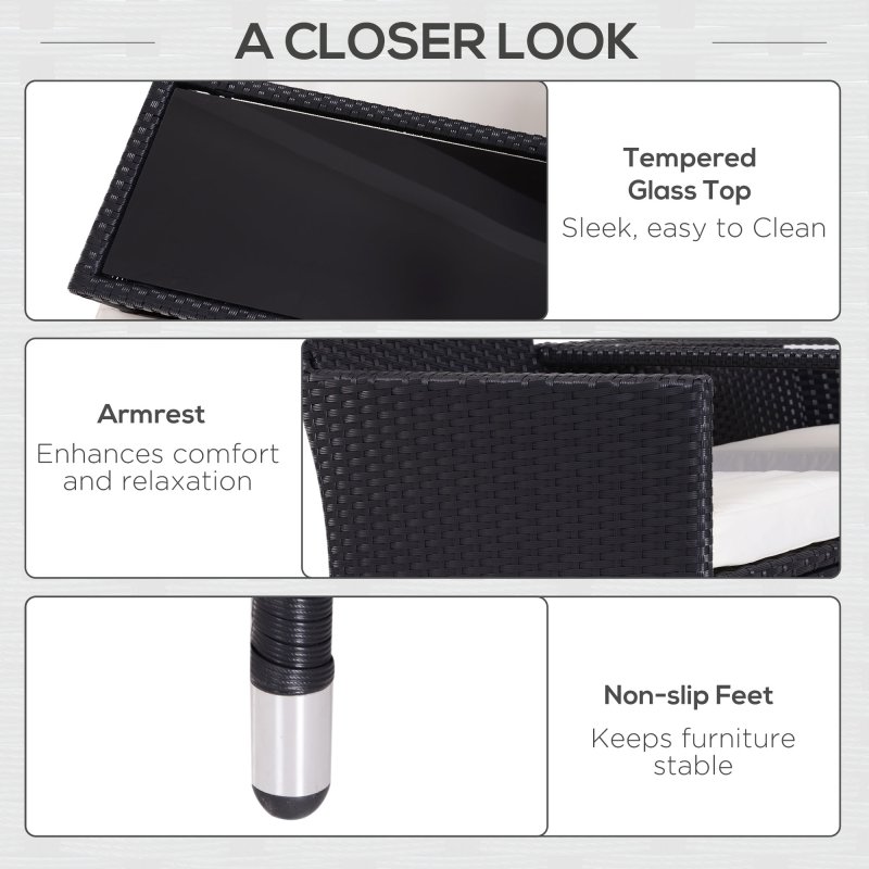 Outsunny 2 Seater Rattan Sofa with Cushions, Wicker Garden Loveseat with Armrests, Outdoor Garden Sofa Couch with Metal Frame for Patio, Black