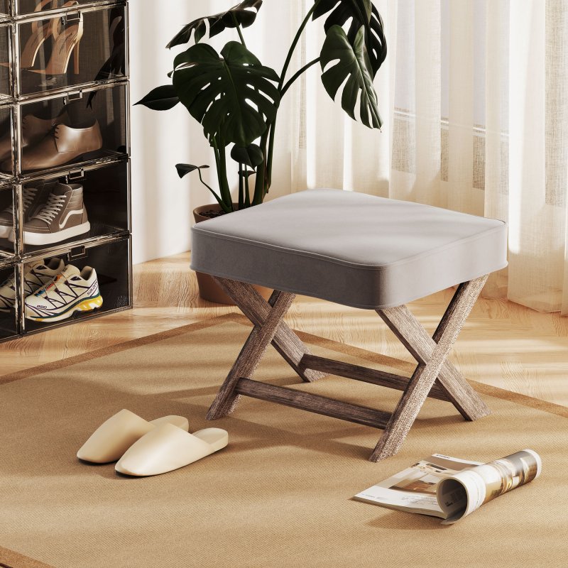 HOMCOM Vintage Footstool Padded Seat X Leg Chair Velvet Cover Shabby Chic Footrest Solid Rubber Wood Frame 49.5 x 45 x 41 cm Grey