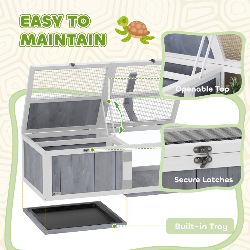 PawHut Tortoise House with Lamp Holder, Wooden Tortoise Enclosure with Clear Observation Windows, Openable Tops, Built-in Tray, Two-Room Turtle Table for Indoor Use, Light Grey