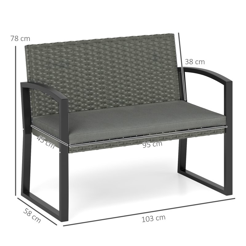 Outsunny 2 Seater Rattan Garden Bench, Outdoor Bench with Cushion, PE Wicker Garden Loveseat with Armrests, Galvanised Steel Frame for Patio, Park, Dark Grey