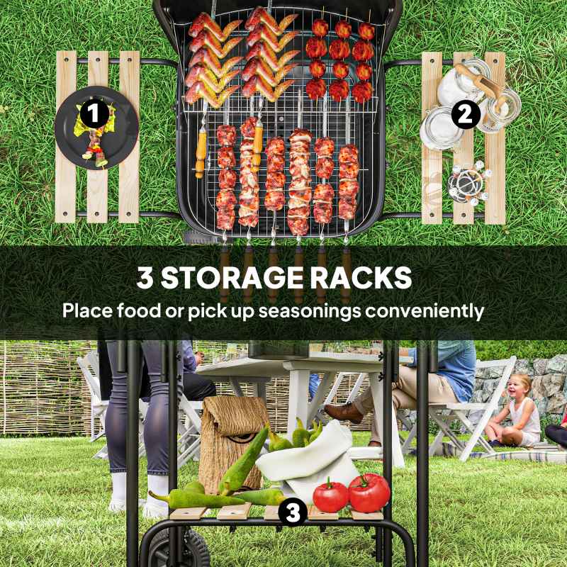 Outsunny Charcoal Barbecue Grill Portable BBQ Grill with 1840 cm? Cooking Area, 3 Shelves, Adjustable Vent, Lockable Lid, Wheels for Outdoor Cooking, Garden Party, Black