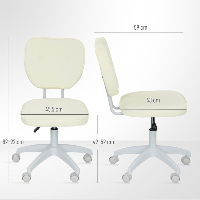 Vinsetto Cute Armless Office Chair, Small PU Leather Computer Desk Chair with Adjustable Height, Swivel Wheels, Mid Back, Cream White
