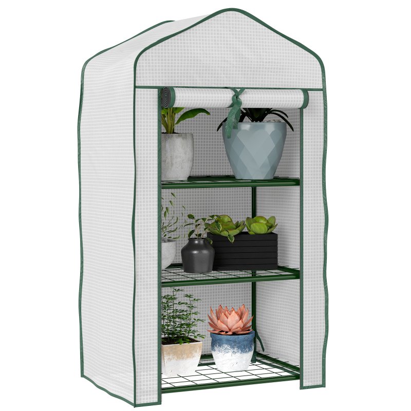 Outsunny 3 Tier Mini Greenhouse with Reinforced PE Cover, Portable Indoor Outdoor Greenhouse with Roll-up Door and Wire Shelves, 127H x 59W x 39D cm, White