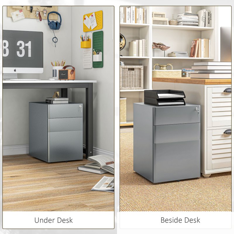 Vinsetto 3-Drawer Mobile Filing Cabinet, Steel Lockable File Cabinet for A4, Legal, Letter, Compact Under Desk Storage Unit with Pre-Assembled Body Except Wheels for Home Office, 39 x 48 x 59cm, Grey