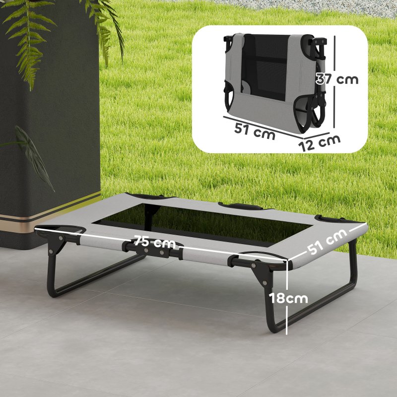 PawHut Raised Dog Bed, Portable Elevated Pet Cot with Breathable Mesh for Indoor Outdoor, for Small Medium Dogs, 75 x 51 x 18 cm, Light Grey