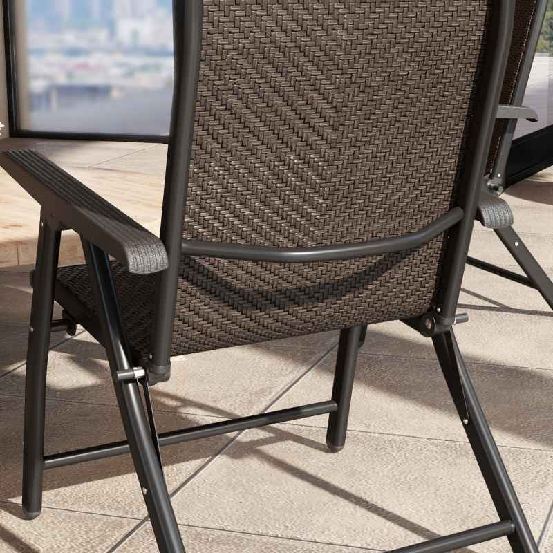 Outsunny Set of 4 Outdoor Wicker Folding Chairs, Patio PE Rattan Dining Armrests Chair set with 7 Levels Adjustable Backrest, for Outdoors, Camping, Dark Brown